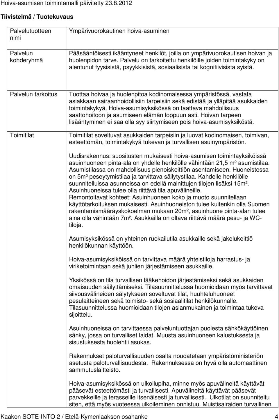 Palvelun tarkoitus Toimitilat Tuottaa hoivaa ja huolenpitoa kodinomaisessa ympäristössä, vastata asiakkaan sairaanhoidollisiin tarpeisiin sekä edistää ja ylläpitää asukkaiden toimintakykyä.