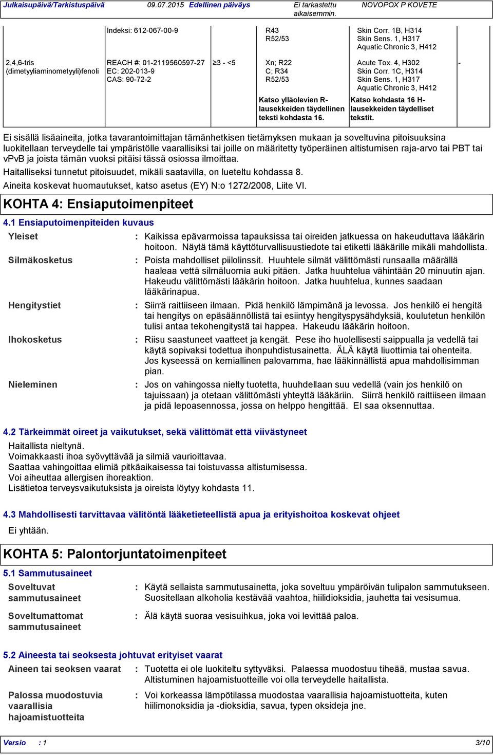 1C, H314 CAS 90-72-2 R52/53 Skin Sens. 1, H317 Aquatic Chronic 3, H412 Katso ylläolevien R- lausekkeiden täydellinen teksti kohdasta 16. Katso kohdasta 16 H- lausekkeiden täydelliset tekstit.