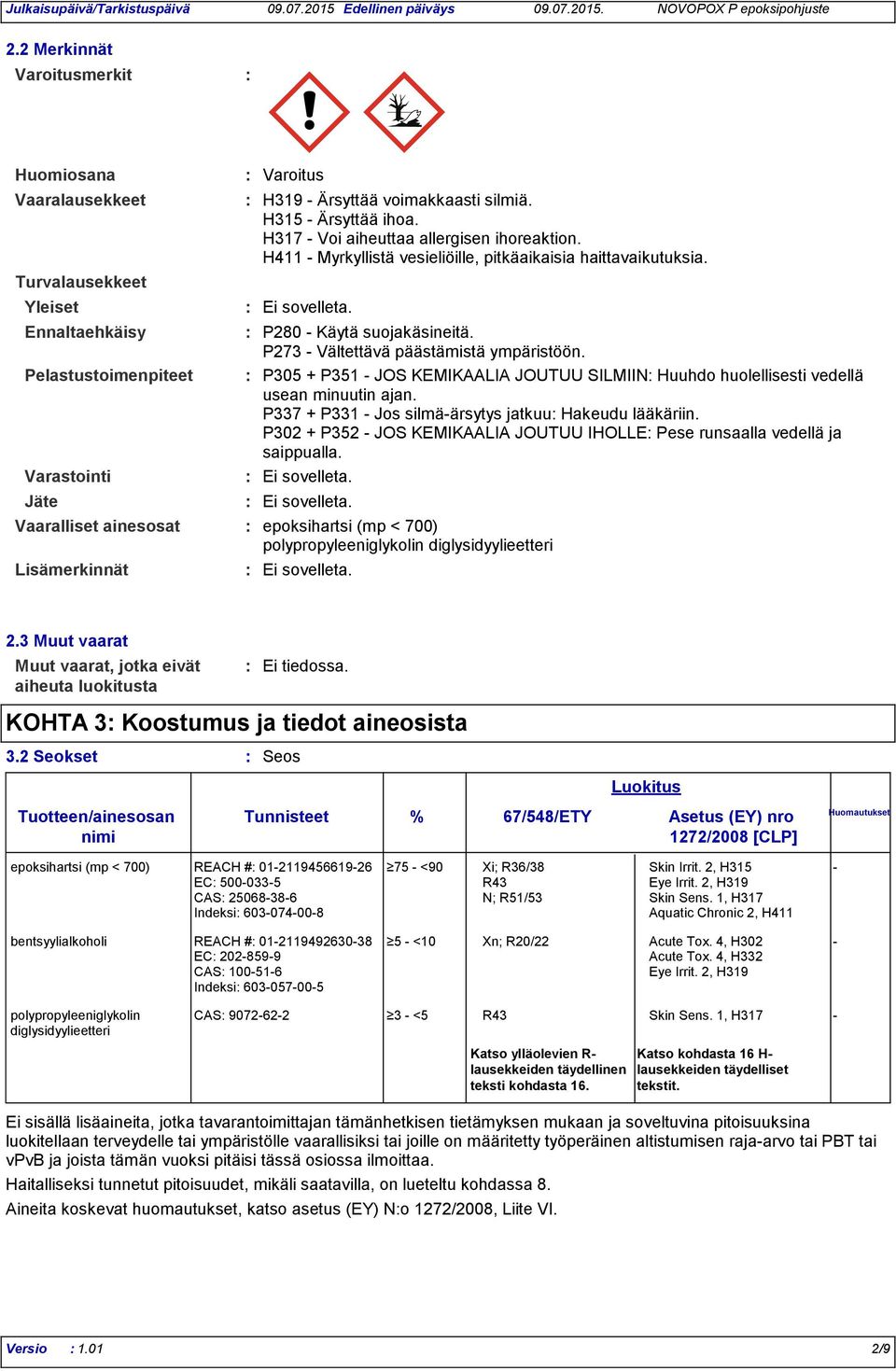 H315 - Ärsyttää ihoa. H317 - Voi aiheuttaa allergisen ihoreaktion. H411 - Myrkyllistä vesieliöille, pitkäaikaisia haittavaikutuksia. Ei sovelleta. P280 - Käytä suojakäsineitä.