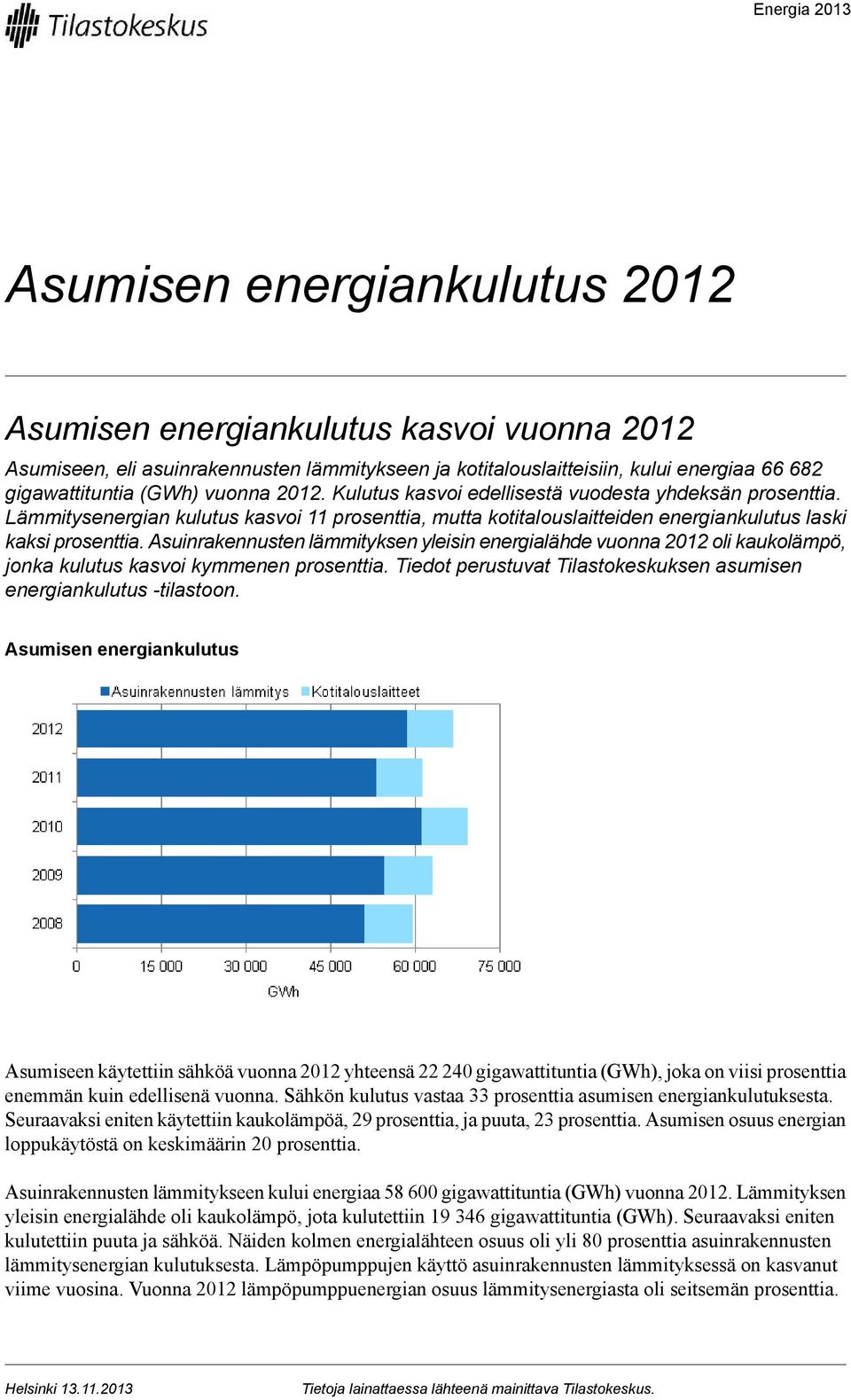 Asuinrakennusten lämmityksen yleisin energialähde vuonna 202 oli kaukolämpö, jonka kulutus kasvoi kymmenen prosenttia. Tiedot perustuvat Tilastokeskuksen asumisen energiankulutus -tilastoon.