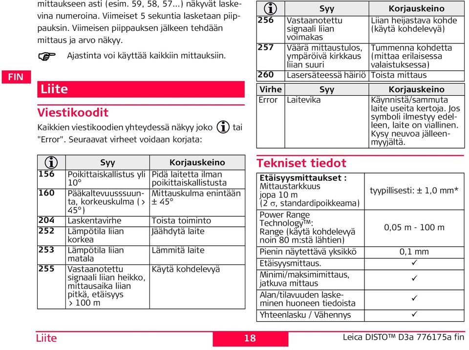 euraavat virheet voidaan korjata: yy 156 Poikittaiskallistus yli 10 160 Pääkaltevuusssuunta, korkeuskulma (> 45 ) Liite tai Korjauskeino Pidä laitetta ilman poikittaiskallistusta Mittauskulma