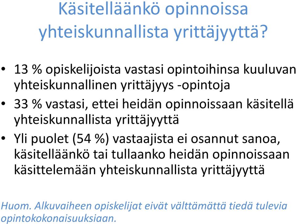 heidän pinnissaan käsitellä yhteiskunnallista yrittäjyyttä Yli pulet (54 %) vastaajista ei sannut sana,