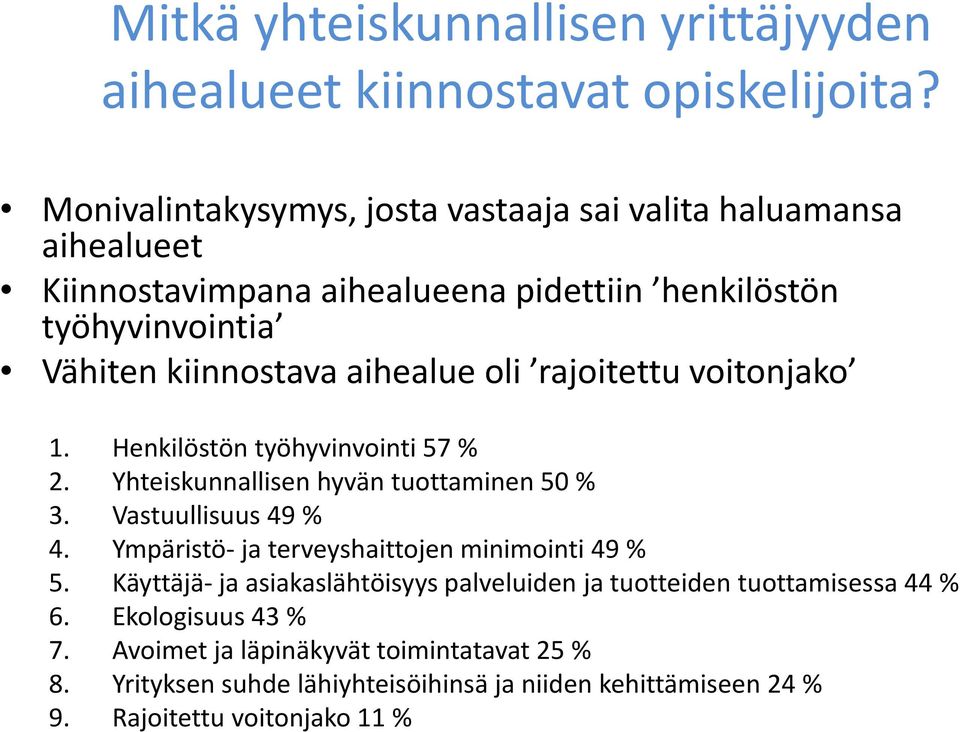 aihealue li rajitettu vitnjak 1. Henkilöstön työhyvinvinti 57 % 2. Yhteiskunnallisen hyvän tuttaminen 50 % 3. Vastuullisuus 49 % 4.