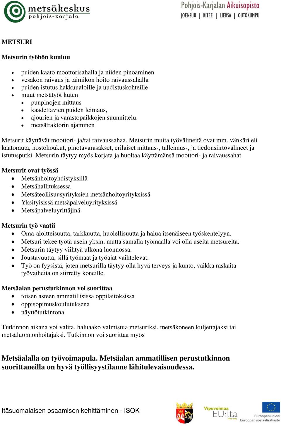 Metsurin muita työvälineitä ovat mm. vänkäri eli kaatorauta, nostokoukut, pinotavarasakset, erilaiset mittaus-, tallennus-, ja tiedonsiirtovälineet ja istutusputki.