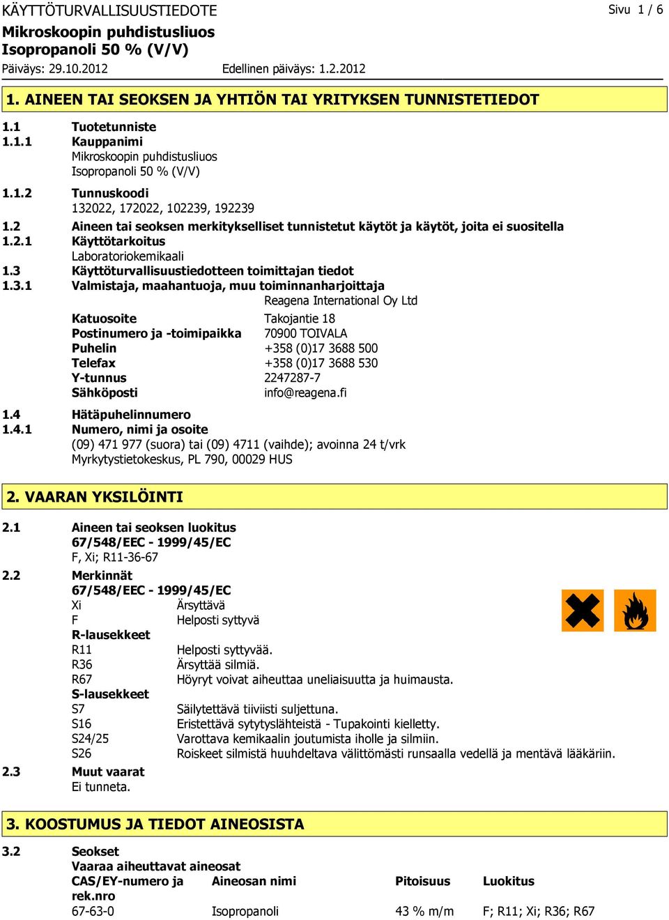 Käyttöturvallisuustiedotteen toimittajan tiedot 1.3.