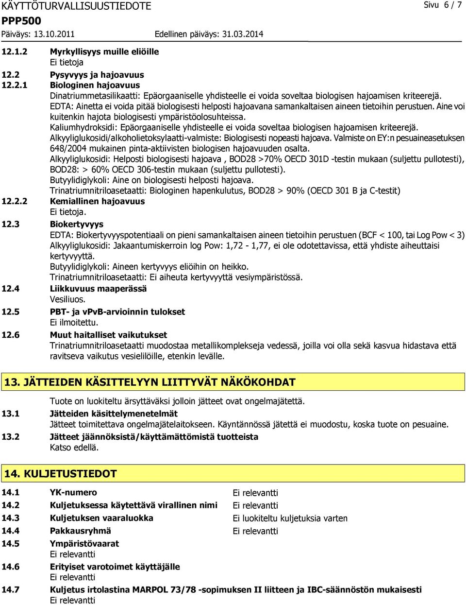 Kaliumhydroksidi: Epäorgaaniselle yhdisteelle ei voida soveltaa biologisen hajoamisen kriteerejä. Alkyyliglukosidi/alkoholietoksylaatti-valmiste: Biologisesti nopeasti hajoava.