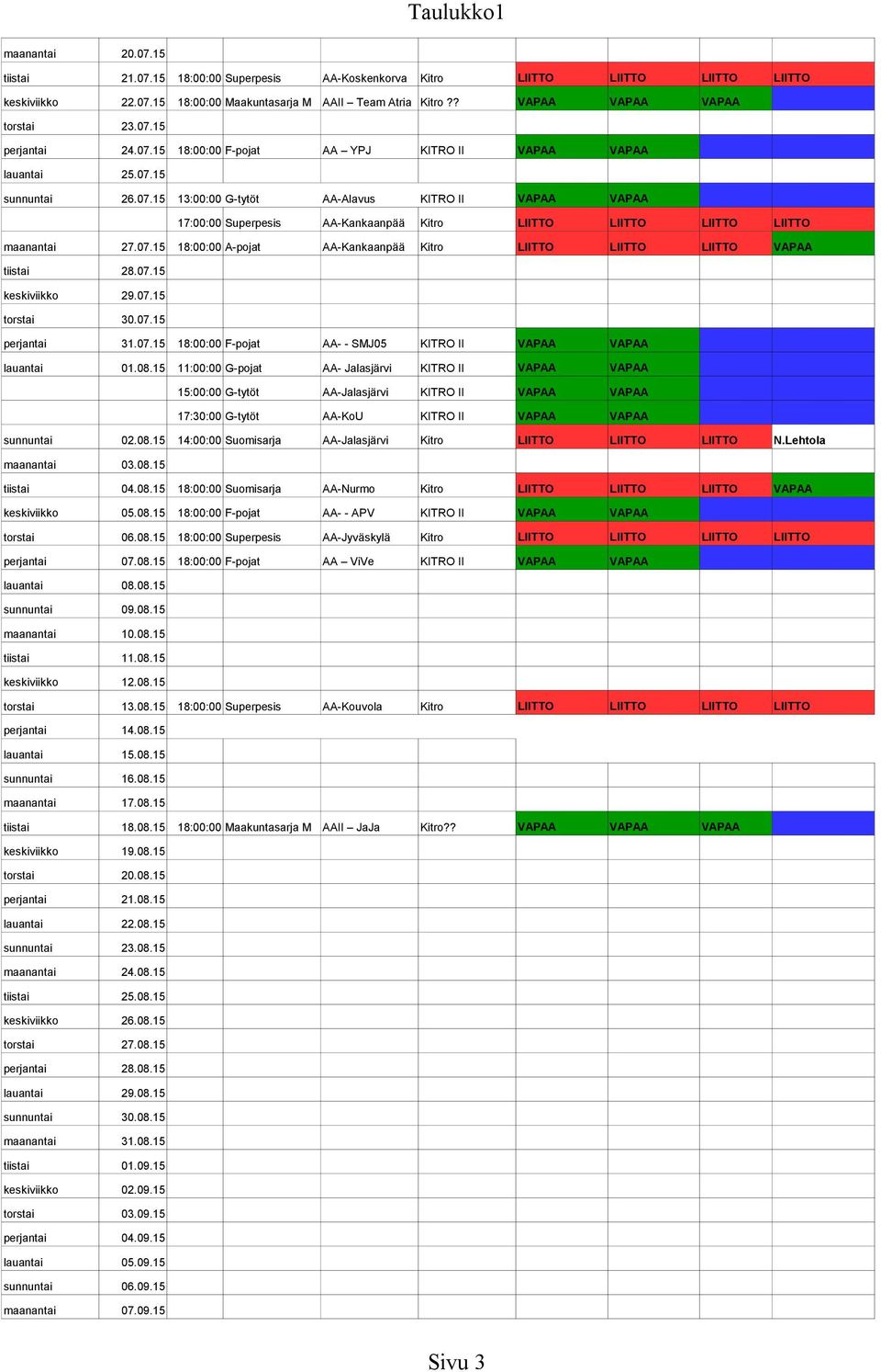 07.15 18:00:00 A-pojat AA-Kankaanpää Kitro LIITTO LIITTO LIITTO VAPAA tiistai 28.07.15 keskiviikko 29.07.15 torstai 30.07.15 perjantai 31.07.15 18:00:00 F-pojat AA- - SMJ05 KITRO II VAPAA VAPAA lauantai 01.