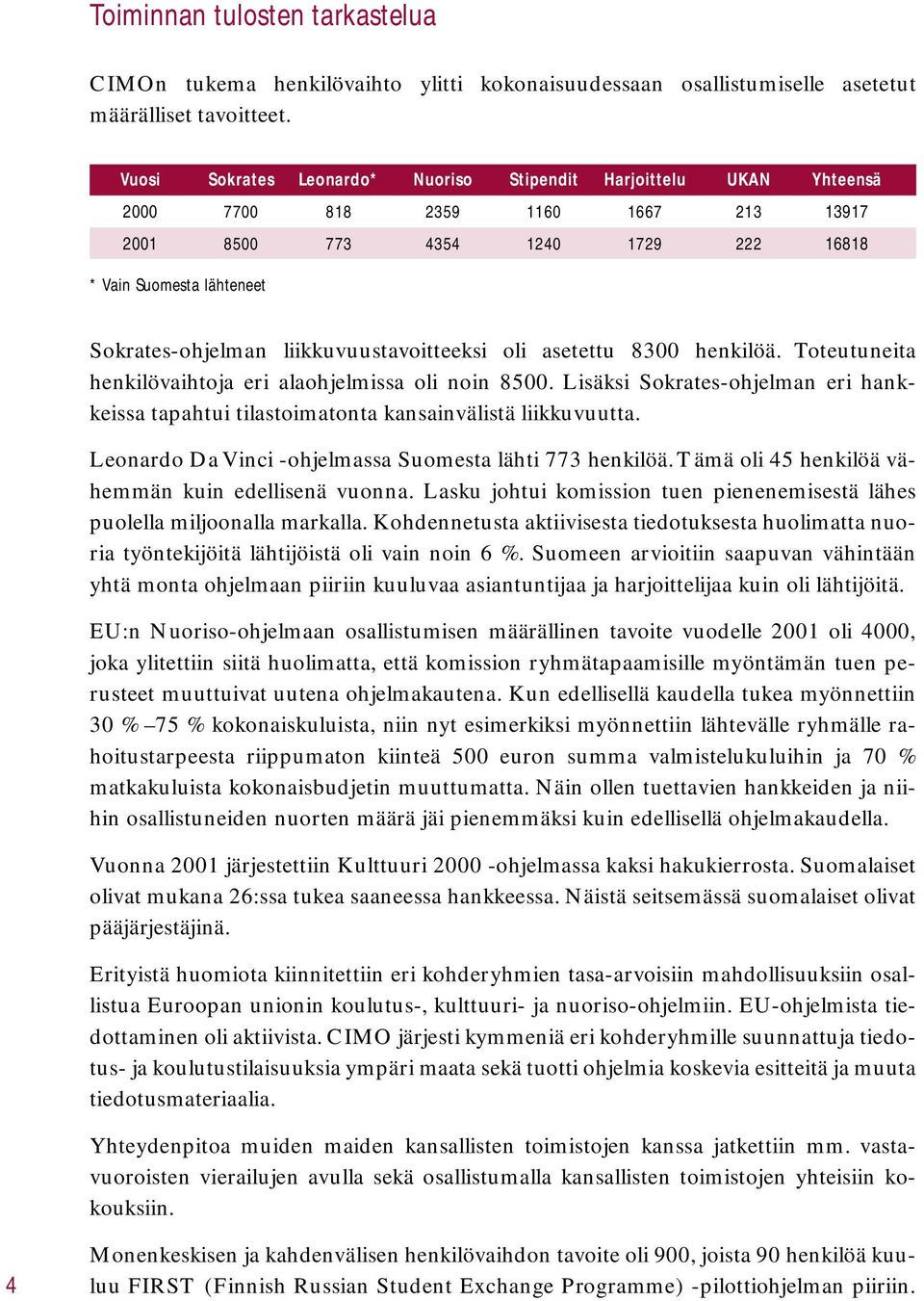 liikkuvuustavoitteeksi oli asetettu 8300 henkilöä. Toteutuneita henkilövaihtoja eri alaohjelmissa oli noin 8500.