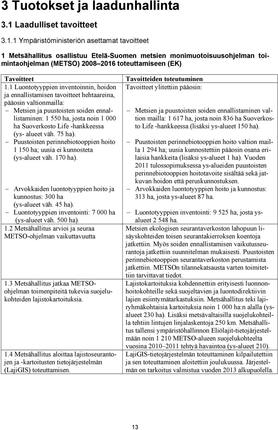 1 Ympäristöministeriön asettamat tavoitteet 1 Metsähallitus osallistuu Etelä-Suomen metsien monimuotoisuusohjelman toimintaohjelman (METSO) 2008 2016 toteuttamiseen (EK) Tavoitteet 1.