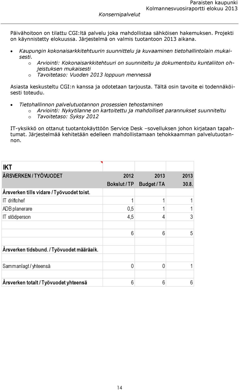 o Arviointi: Kokonaisarkkitehtuuri on suunniteltu ja dokumentoitu kuntaliiton ohjeistuksen mukaisesti o Tavoitetaso: Vuoden 2013 loppuun mennessä Asiasta keskusteltu CGI:n kanssa ja odotetaan