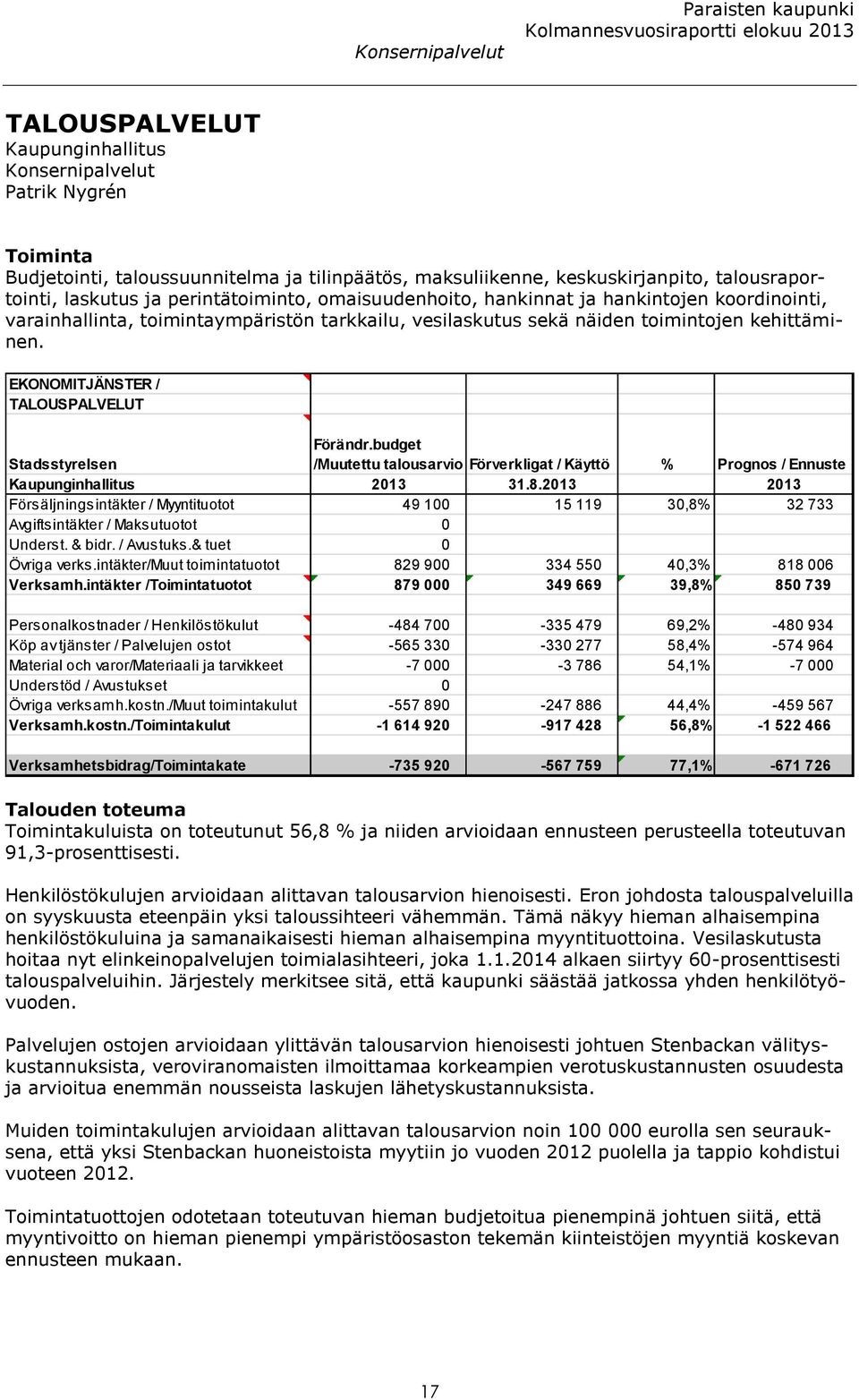 toimintojen kehittäminen. EKONOMITJÄNSTER / TALOUSPALVELUT Stadsstyrelsen Förändr.budget /Muutettu talousarvio Förverkligat / Käyttö % Prognos / Ennuste Kaupunginhallitus 2013 31.8.