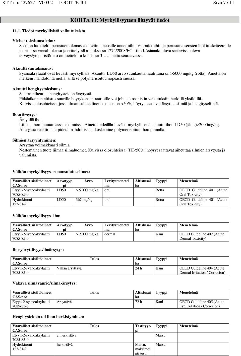 11.1. Tiedot myrkyllisistä vaikutuksista KOHTA 11: Myrkyllisyyteen liittyvät tiedot Yleiset toksisuustiedot: Seos on luokiteltu perustuen olemassa oleviin aineosille annettuihin vaaratietoihin ja