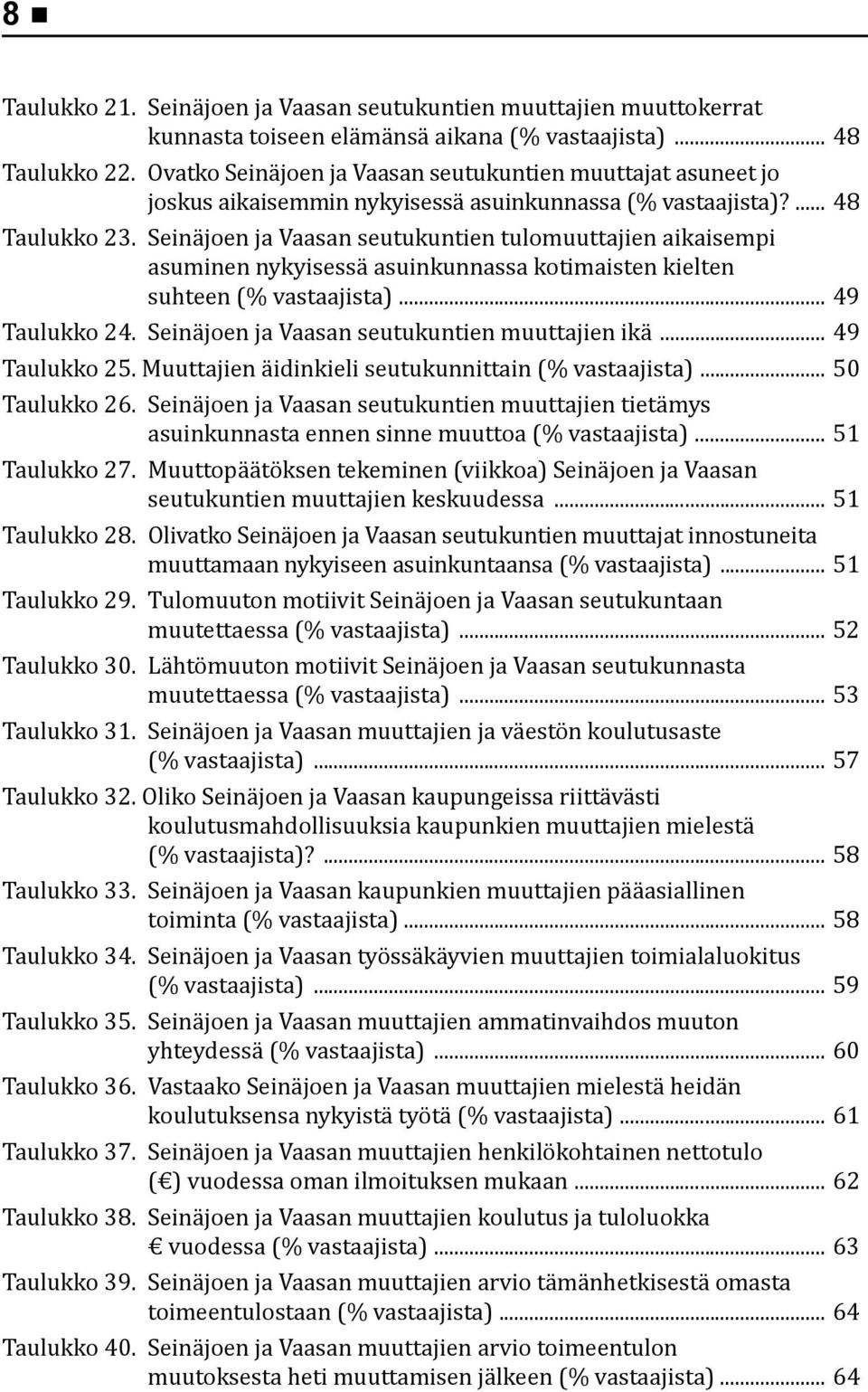 Seinäjoen ja Vaasan seutukuntien tulomuuttajien aikaisempi asuminen nykyisessä asuinkunnassa kotimaisten kielten suhteen (% vastaajista)... 49 Taulukko 24.