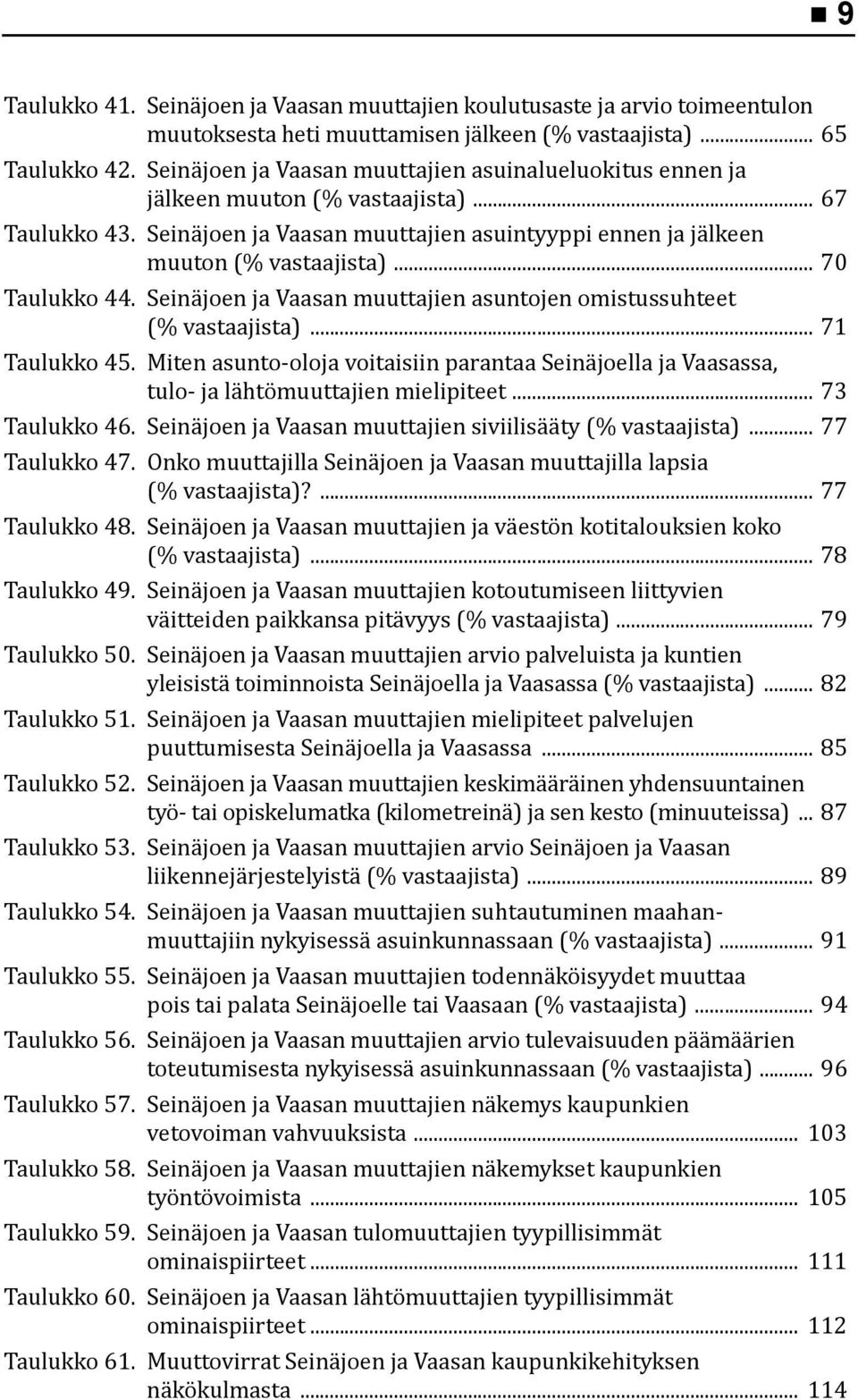 .. 70 Taulukko 44. Seinäjoen ja Vaasan muuttajien asuntojen omistussuhteet (% vastaajista)... 71 Taulukko 45.