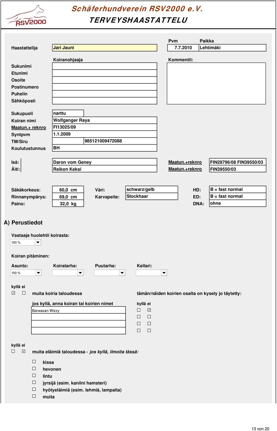 .2009 TM/Siru 0 982009472088 Koulutustunnus BH Isä: Daron vom Geney Maatun.+reknro FIN28796/08 FIN90/0 Äiti: Reikon Keksi Maatun.