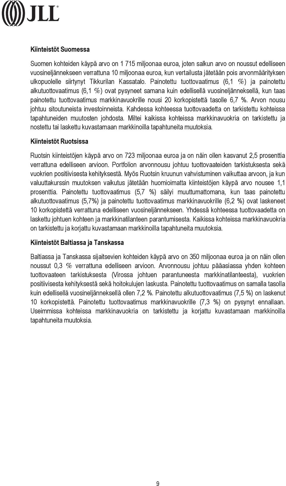 Painotettu tuottovaatimus (6,1 %) ja alkutuottovaatimus (6,1 %) ovat pysyneet samana kuin edellisellä vuosineljänneksellä, kun taas tuottovaatimus markkinavuokrille nousi 20 korkopistettä tasolle 6,7