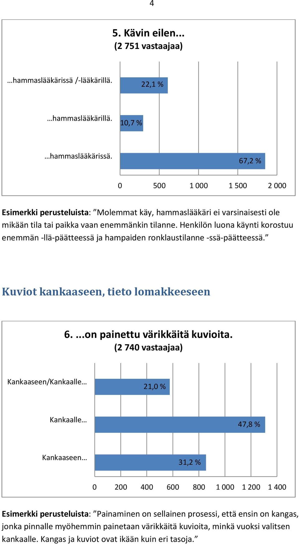 Henkilön luona käynti korostuu enemmän -llä-päätteessä ja hampaiden ronklaustilanne -ssä-päätteessä. Kuviot kankaaseen, tieto lomakkeeseen 6....on painettu värikkäitä kuvioita.