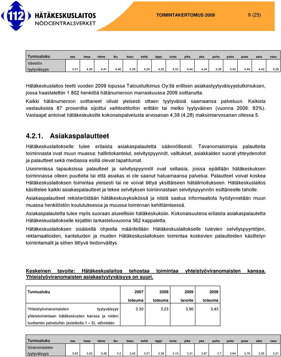 Kaikki hätänumeroon soittaneet olivat yleisesti ottaen tyytyväisiä saamaansa palveluun. Kaikista vastauksista 87 prosenttia sijoittui vaihtoehtoihin erittäin tai melko tyytyväinen (vuonna 2008: 83%).