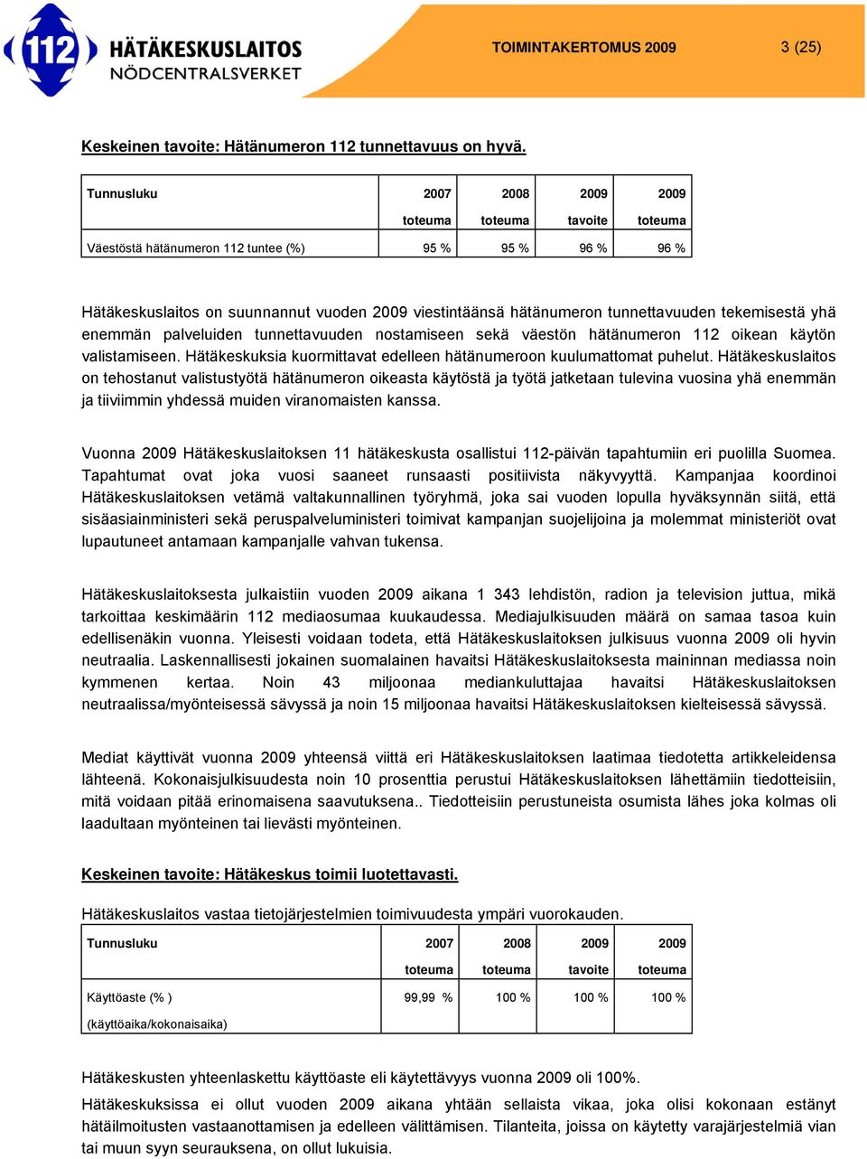 palveluiden tunnettavuuden nostamiseen sekä väestön hätänumeron 112 oikean käytön valistamiseen. Hätäkeskuksia kuormittavat edelleen hätänumeroon kuulumattomat puhelut.