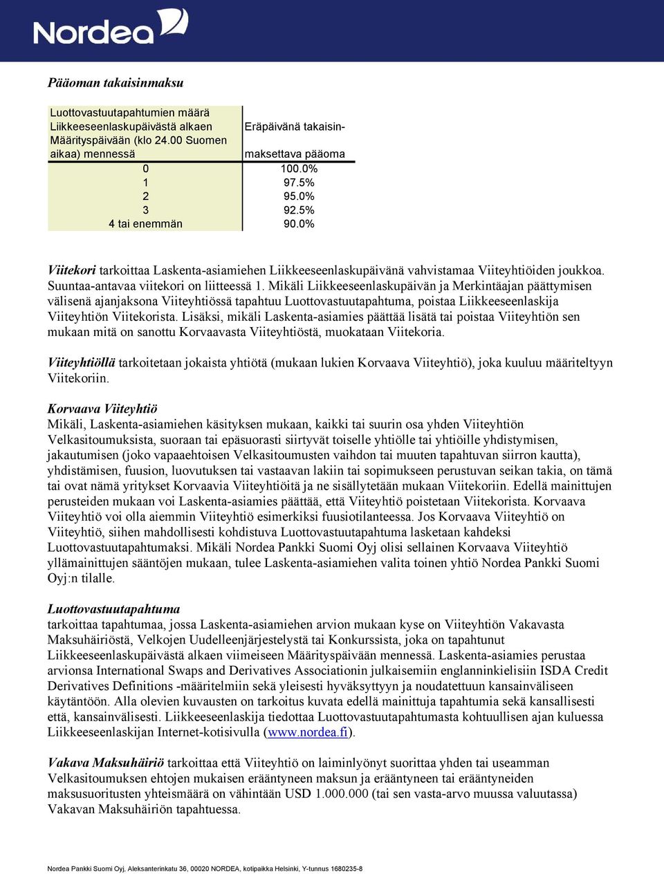 Mikäli Liikkeeseenlaskupäivän ja Merkintäajan päättymisen välisenä ajanjaksona Viiteyhtiössä tapahtuu Luottovastuutapahtuma, poistaa Liikkeeseenlaskija Viiteyhtiön Viitekorista.