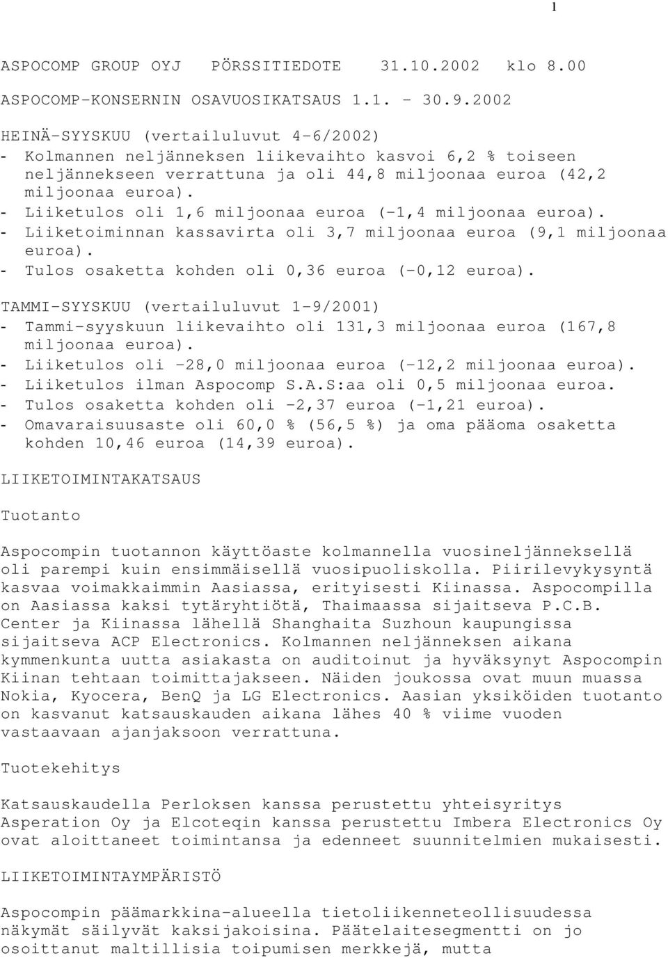 - Liiketulos oli 1,6 miljoonaa euroa (-1,4 miljoonaa euroa). - Liiketoiminnan kassavirta oli 3,7 miljoonaa euroa (9,1 miljoonaa euroa). - Tulos osaketta kohden oli 0,36 euroa (-0,12 euroa).