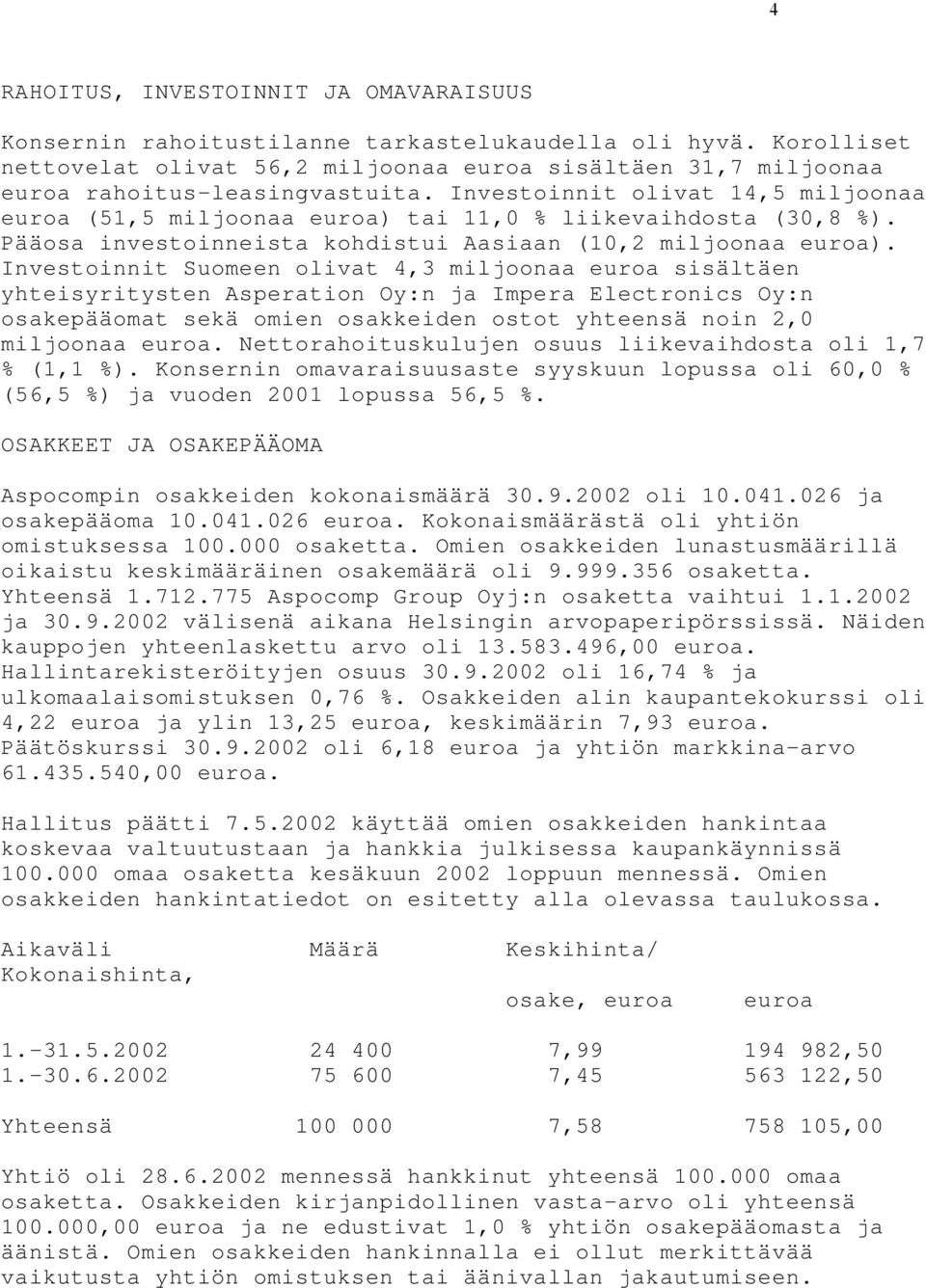 Investoinnit olivat 14,5 miljoonaa euroa (51,5 miljoonaa euroa) tai 11,0 % liikevaihdosta (30,8 %). Pääosa investoinneista kohdistui Aasiaan (10,2 miljoonaa euroa).