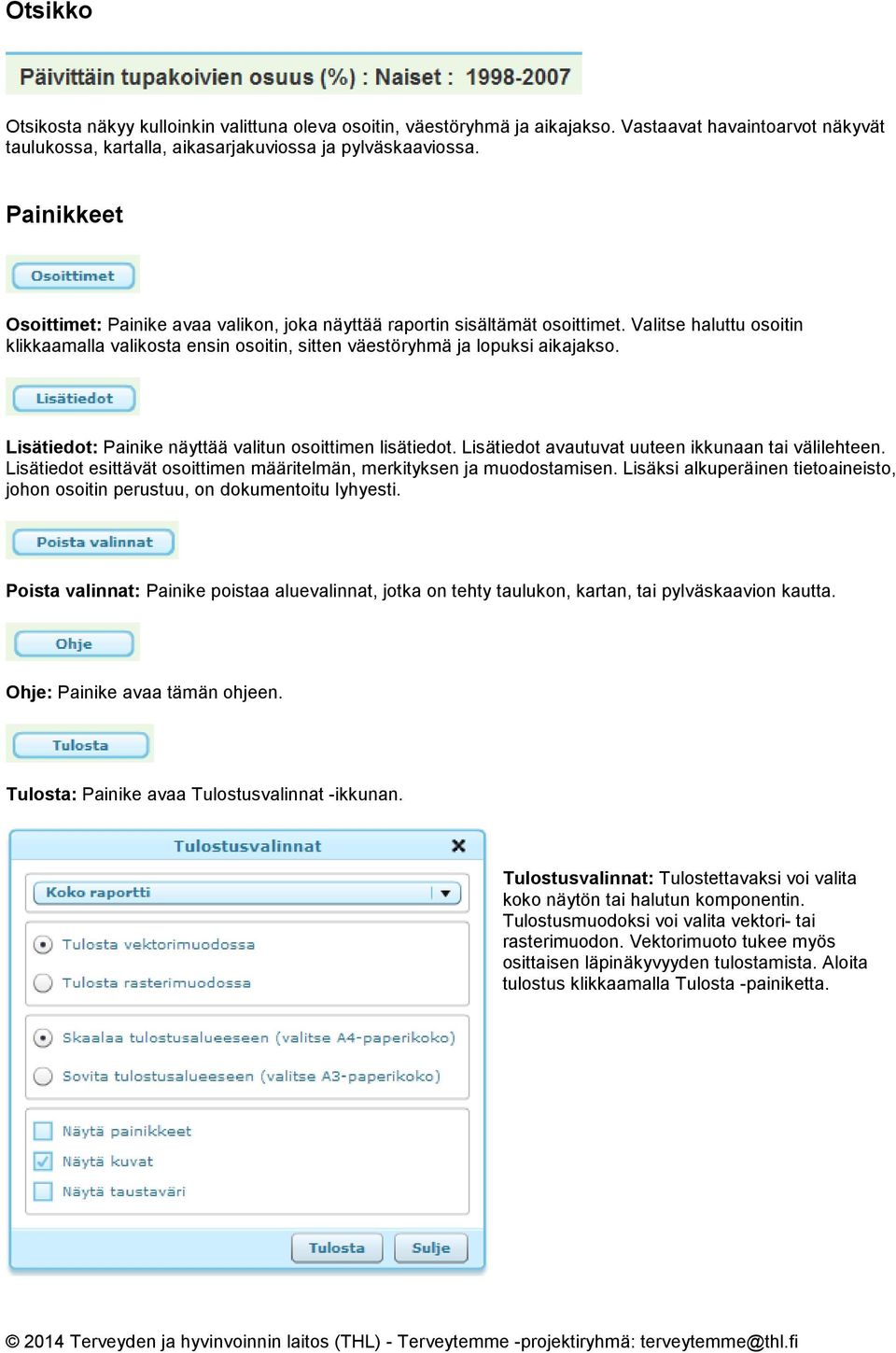 Lisätiedot: Painike näyttää valitun osoittimen lisätiedot. Lisätiedot avautuvat uuteen ikkunaan tai välilehteen. Lisätiedot esittävät osoittimen määritelmän, merkityksen ja muodostamisen.