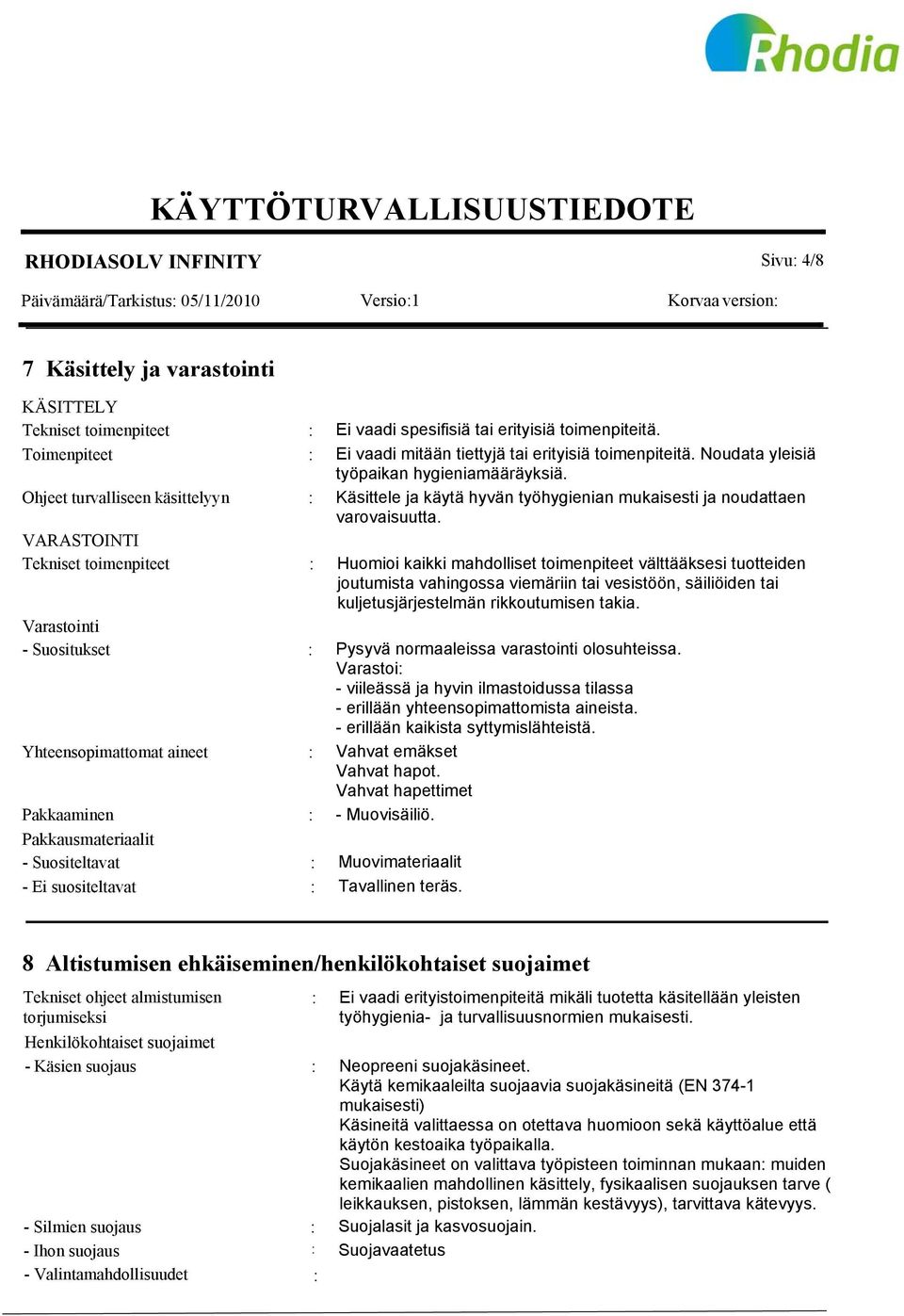 Ohjeet turvalliseen käsittelyyn Käsittele ja käytä hyvän työhygienian mukaisesti ja noudattaen varovaisuutta.