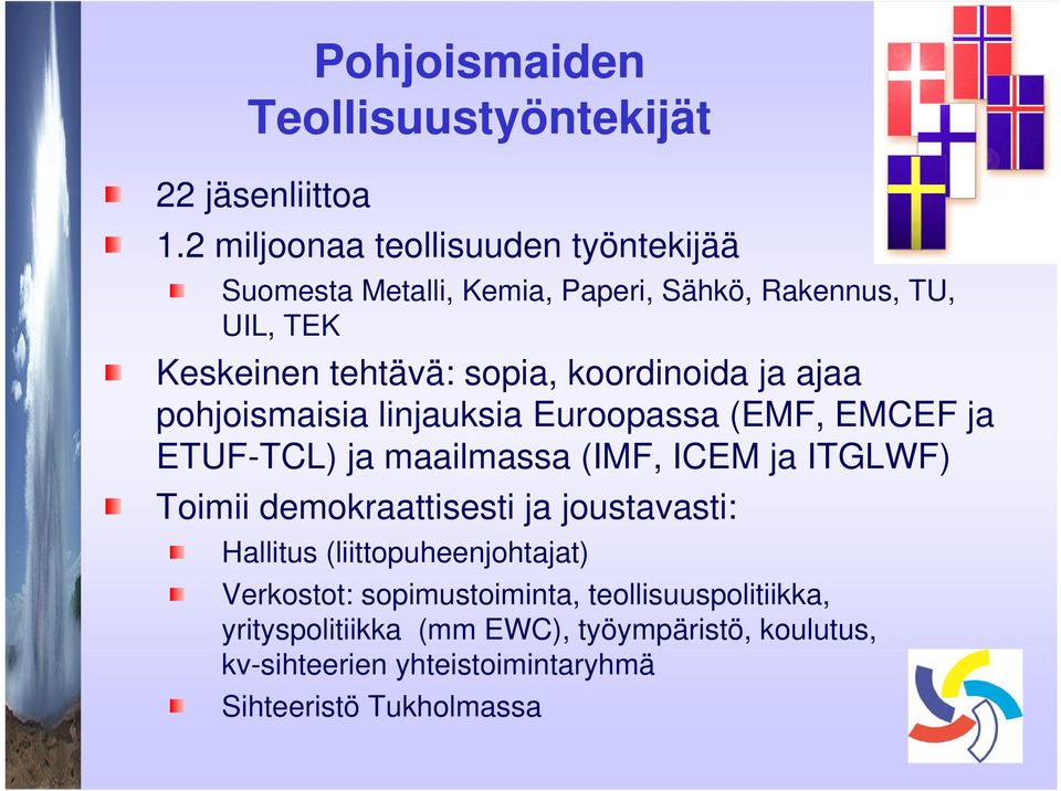 koordinoida ja ajaa pohjoismaisia linjauksia Euroopassa (EMF, EMCEF ja ETUF-TCL) ja maailmassa (IMF, ICEM ja ITGLWF) Toimii