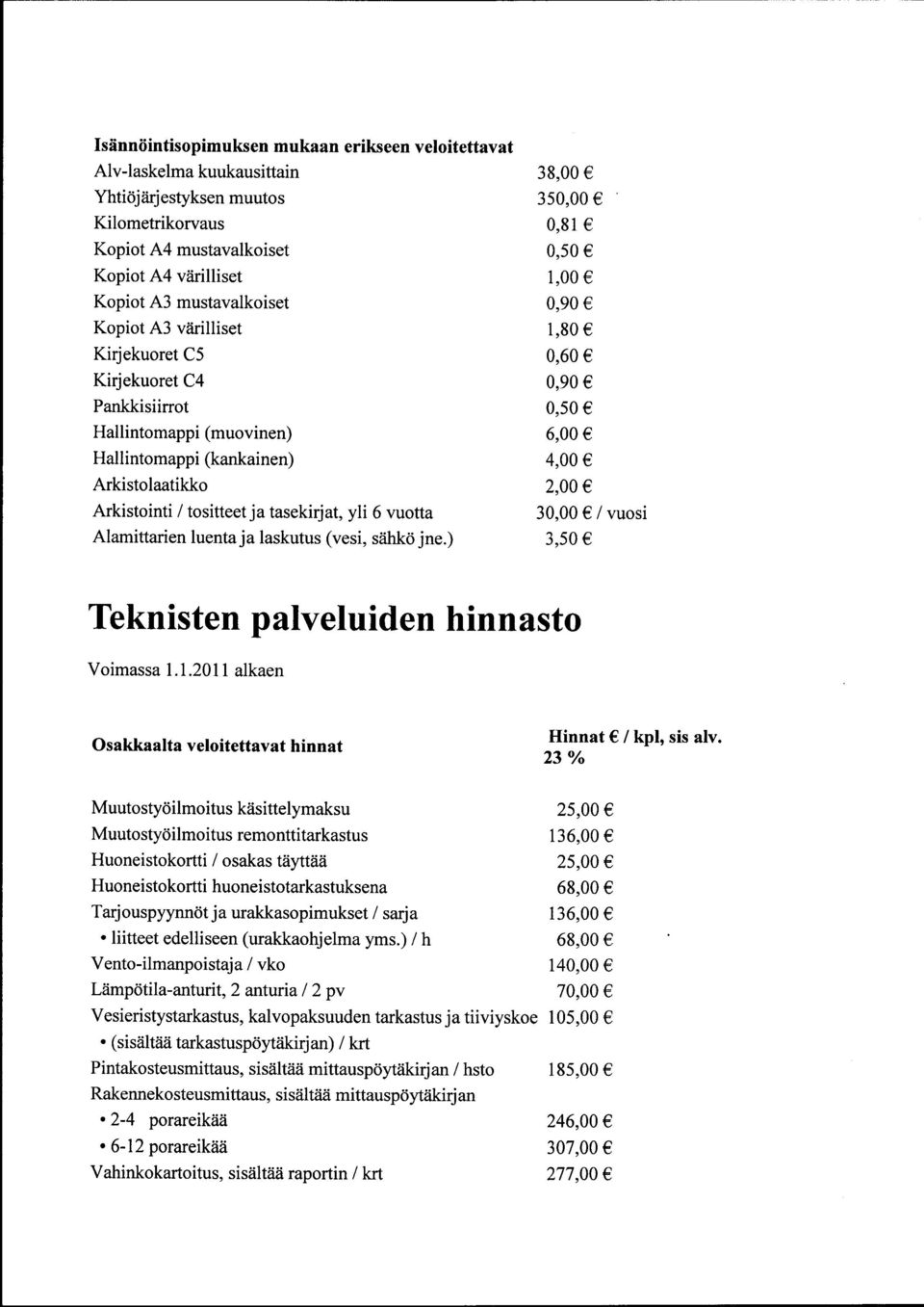 tositteet ja tasekirjat, yli 6 vuotta 30,00 / vuosi Alamittarien luenta ja laskutus (vesi, sähkö jne.) 3,50 Teknisten palveluiden hinnasto Voimassa 1.