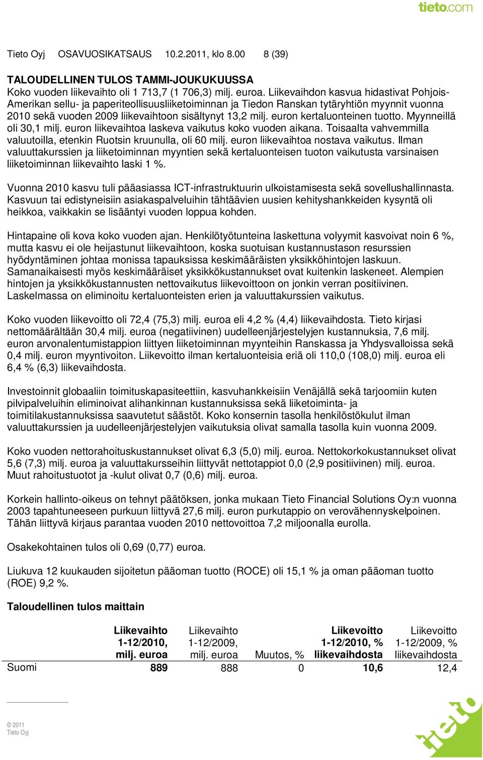 euron kertaluonteinen tuotto. Myynneillä oli 30,1 milj. euron liikevaihtoa laskeva vaikutus koko vuoden aikana. Toisaalta vahvemmilla valuutoilla, etenkin Ruotsin kruunulla, oli 60 milj.