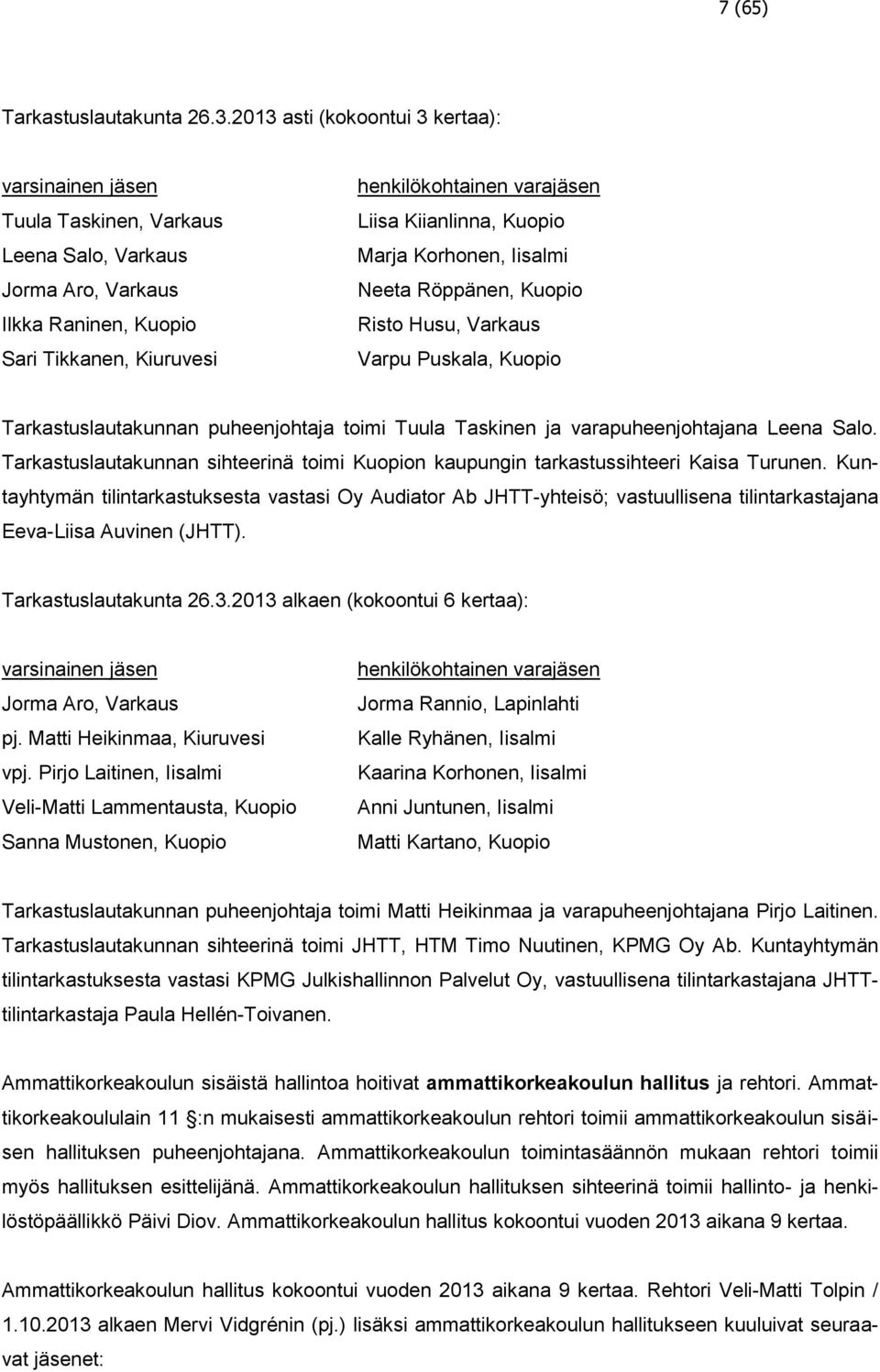 Kiianlinna, Kuopio Marja Korhonen, Iisalmi Neeta Röppänen, Kuopio Risto Husu, Varkaus Varpu Puskala, Kuopio Tarkastuslautakunnan puheenjohtaja toimi Tuula Taskinen ja varapuheenjohtajana Leena Salo.