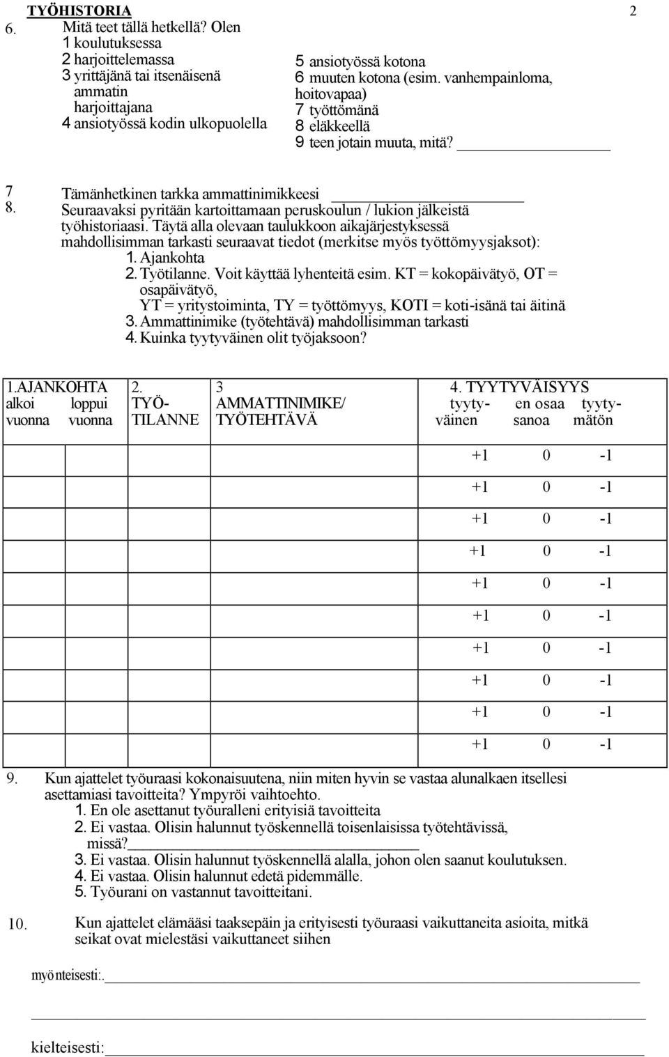vanhempainloma, hoitovapaa) 7 työttömänä 8 eläkkeellä 9 teen jotain muuta, mitä? 7 8.