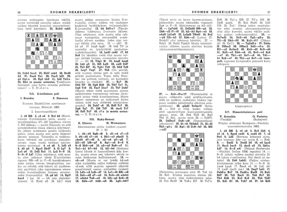 515. D-intilainen peli I. Brander P. Simonen Suomen Shak,kiliiton mestaruusturnaus, Helsinkili96G 2. kauneus palkinto 1. d4 Rf6 2. e4 e6 3.