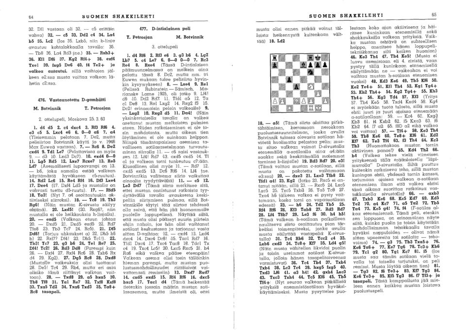 sillä vaihtojen jälkeen e2:ssa musta voittaa va~llkean läheitin e2:ssa. 476. Vastaanotettu D-gambiitti M. Botvinnik T. Petrosjan 2. onelupe'li, Moskova 25. 3. 613 1. d4 d5 2. e4 dxe4 3. RI3 RI6 4.