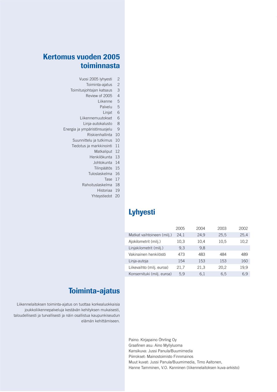 Historiaa 19 Yhteystiedot 20 Lyhyesti 2005 2004 2003 2002 Matkat vaihtoineen (milj.) 24,1 24,9 25,5 25,4 Ajokilometrit (milj.) 10,3 10,4 10,5 10,2 Linjakilometrit (milj.