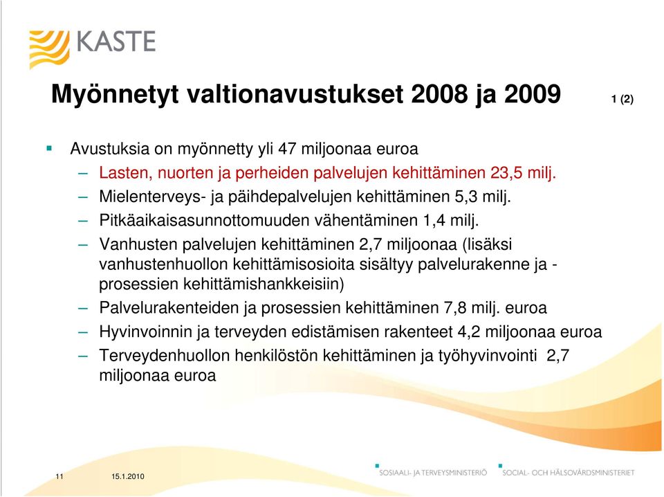 Vanhusten palvelujen kehittäminen 2,7 miljoonaa (lisäksi vanhustenhuollon kehittämisosioita sisältyy palvelurakenne ja - prosessien kehittämishankkeisiin)