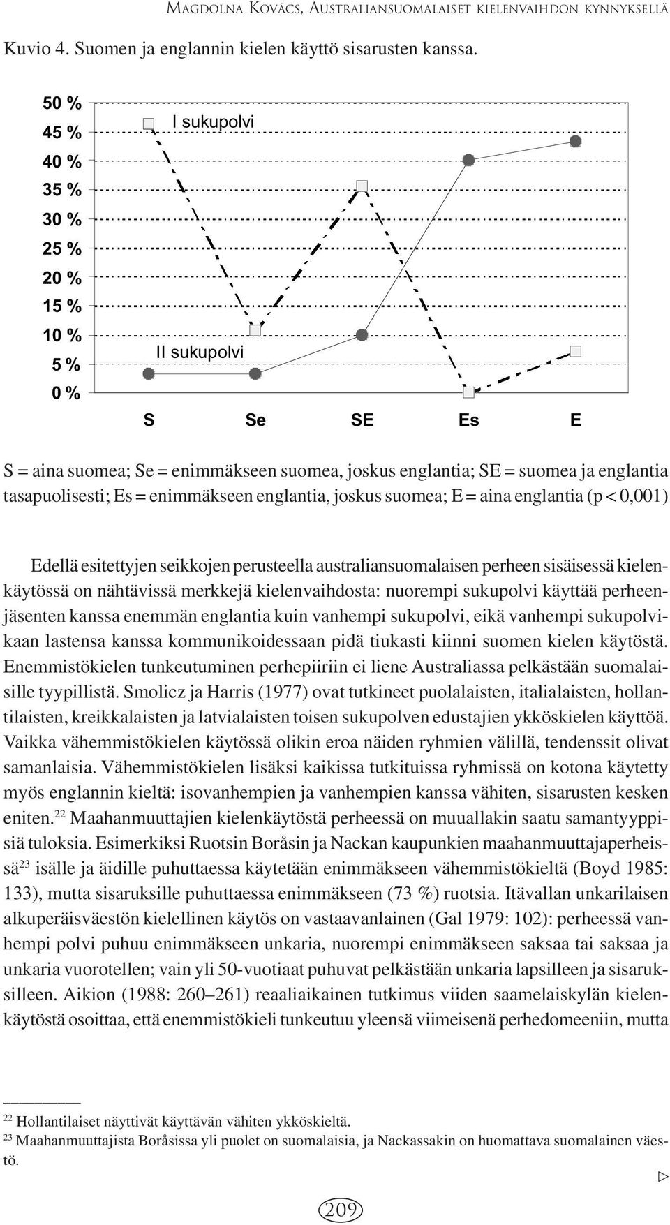 seikkojen perusteella australiansuomalaisen perheen sisäisessä kielenkäytössä on nähtävissä merkkejä kielenvaihdosta: nuorempi sukupolvi käyttää perheenjäsenten kanssa enemmän englantia kuin vanhempi