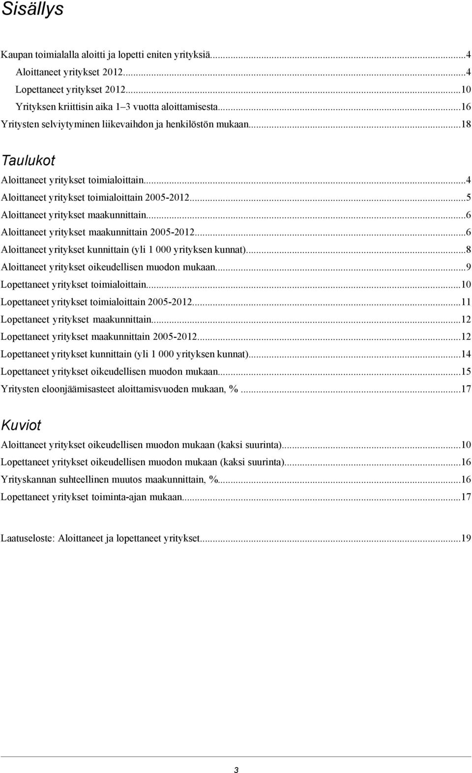 6 Aloittaneet yritykset maakunnittain 005-016 Aloittaneet yritykset kunnittain (yli 1 000 yrityksen kunnat)8 Aloittaneet yritykset oikeudellisen muodon mukaan9 Lopettaneet yritykset toimialoittain.