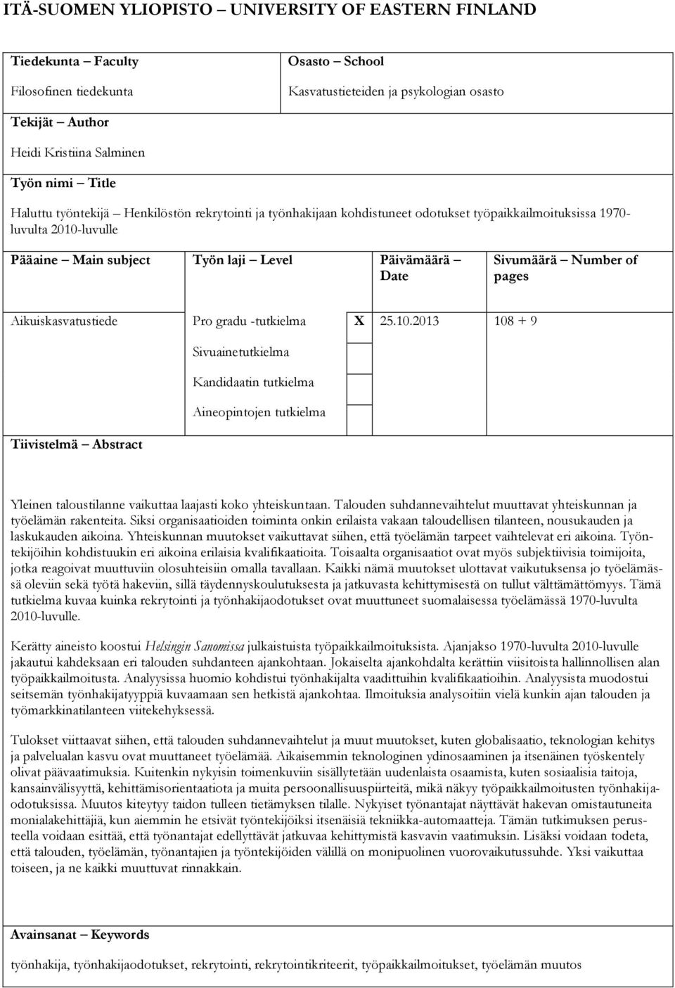 Sivumäärä Number of pages Aikuiskasvatustiede Pro gradu -tutkielma X 25.10.