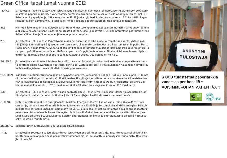 . tarjottiin Paperinsäästöviikon aamukahvit, ja tarjolla oli myös vinkkejä paperinsäästöön. Osallistujia oli lähes 5. 31
