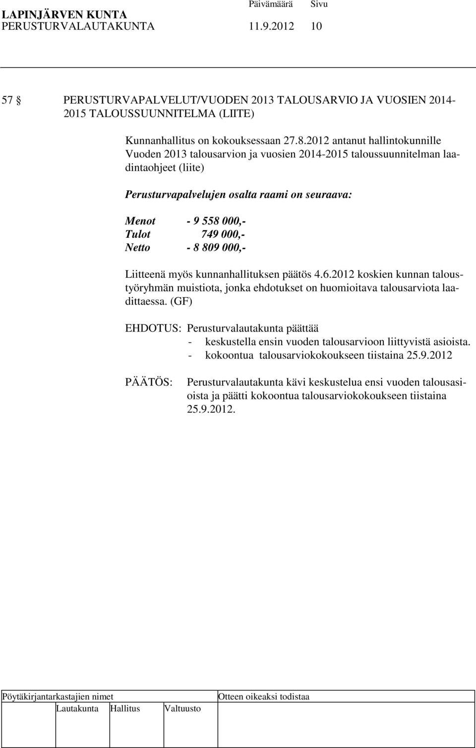 000,- Netto - 8 809 000,- Liitteenä myös kunnanhallituksen päätös 4.6.2012 koskien kunnan taloustyöryhmän muistiota, jonka ehdotukset on huomioitava talousarviota laadittaessa.