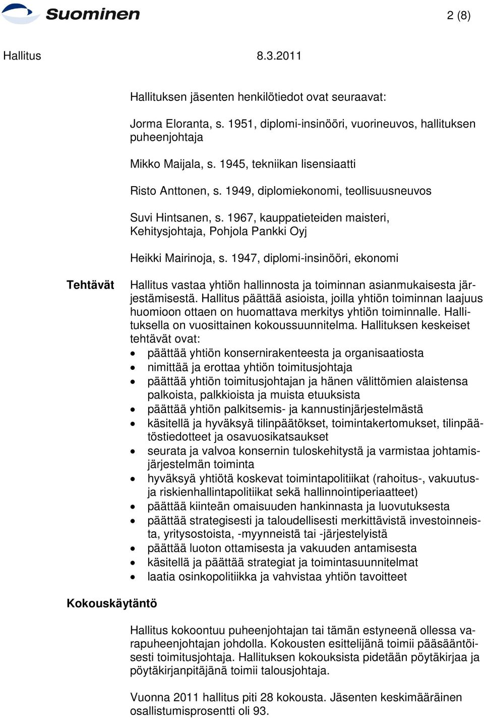 1947, diplomi-insinööri, ekonomi Tehtävät Hallitus vastaa yhtiön hallinnosta ja toiminnan asianmukaisesta järjestämisestä.