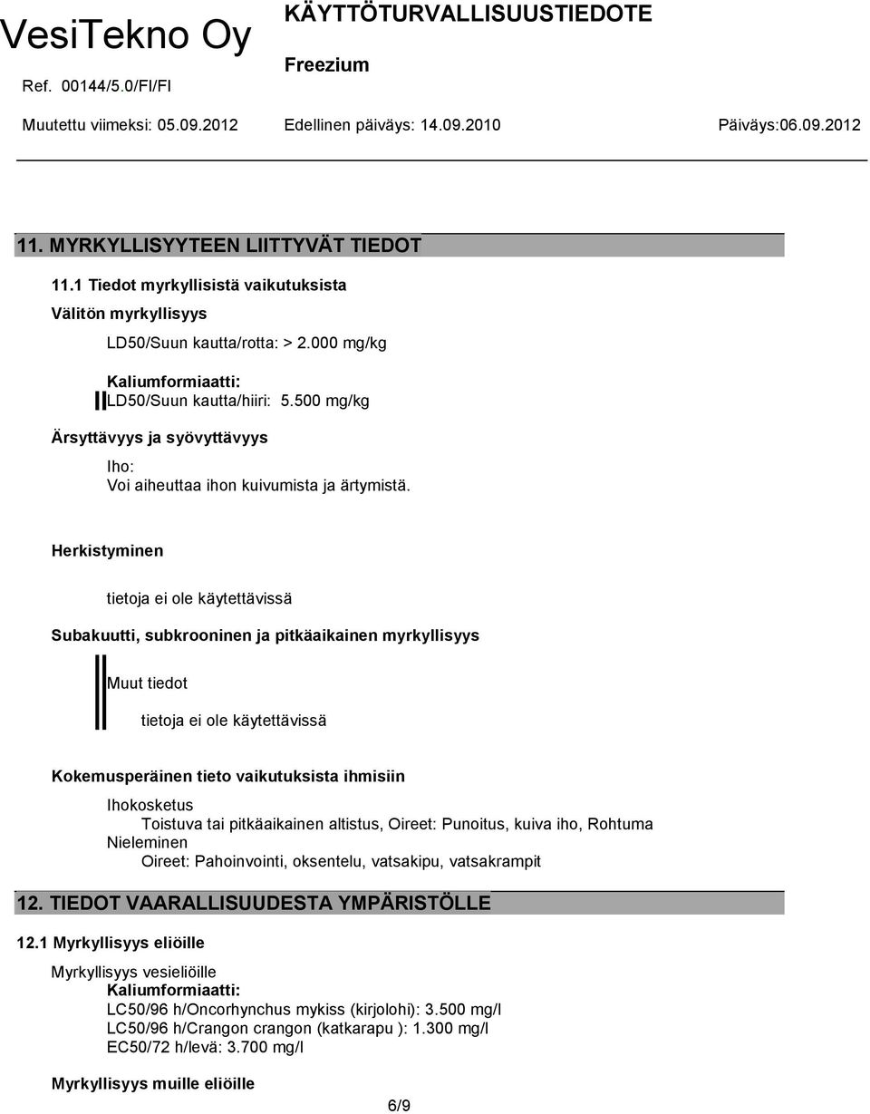 Herkistyminen tietoja ei ole käytettävissä Subakuutti, subkrooninen ja pitkäaikainen myrkyllisyys Muut tiedot tietoja ei ole käytettävissä Kokemusperäinen tieto vaikutuksista ihmisiin Ihokosketus