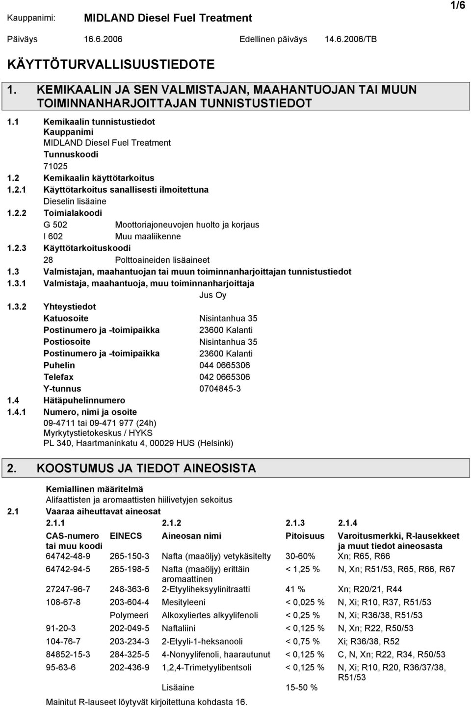 3 Valmistajan, maahantuojan tai muun toiminnanharjoittajan tunnistustiedot 1.3.1 Valmistaja, maahantuoja, muu toiminnanharjoittaja Jus Oy 1.3.2 Yhteystiedot Katuosoite Nisintanhua 35 Postinumero ja