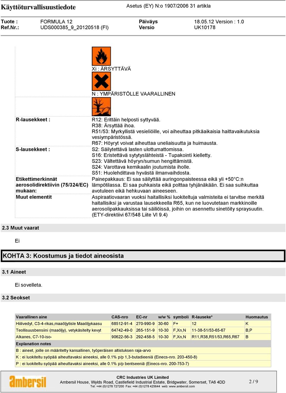 R51/53: Myrkyllistä vesieliöille, voi aiheuttaa pitkäaikaisia haittavaikutuksia vesiympäristössä. R67: Höyryt voivat aiheuttaa uneliaisuutta ja huimausta. S2: Säilytettävä lasten ulottumattomissa.