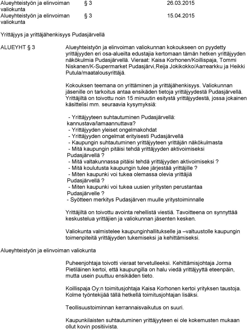 yrittäjyyden näkökulmia Pudasjärvellä. Vieraat: Kaisa Korhonen/Koillispaja, Tommi Niskanen/K-Supermarket Pudasjärvi,Reija Jokikokko/Aarrearkku ja Heikki Putula/maatalousyrittäjä.