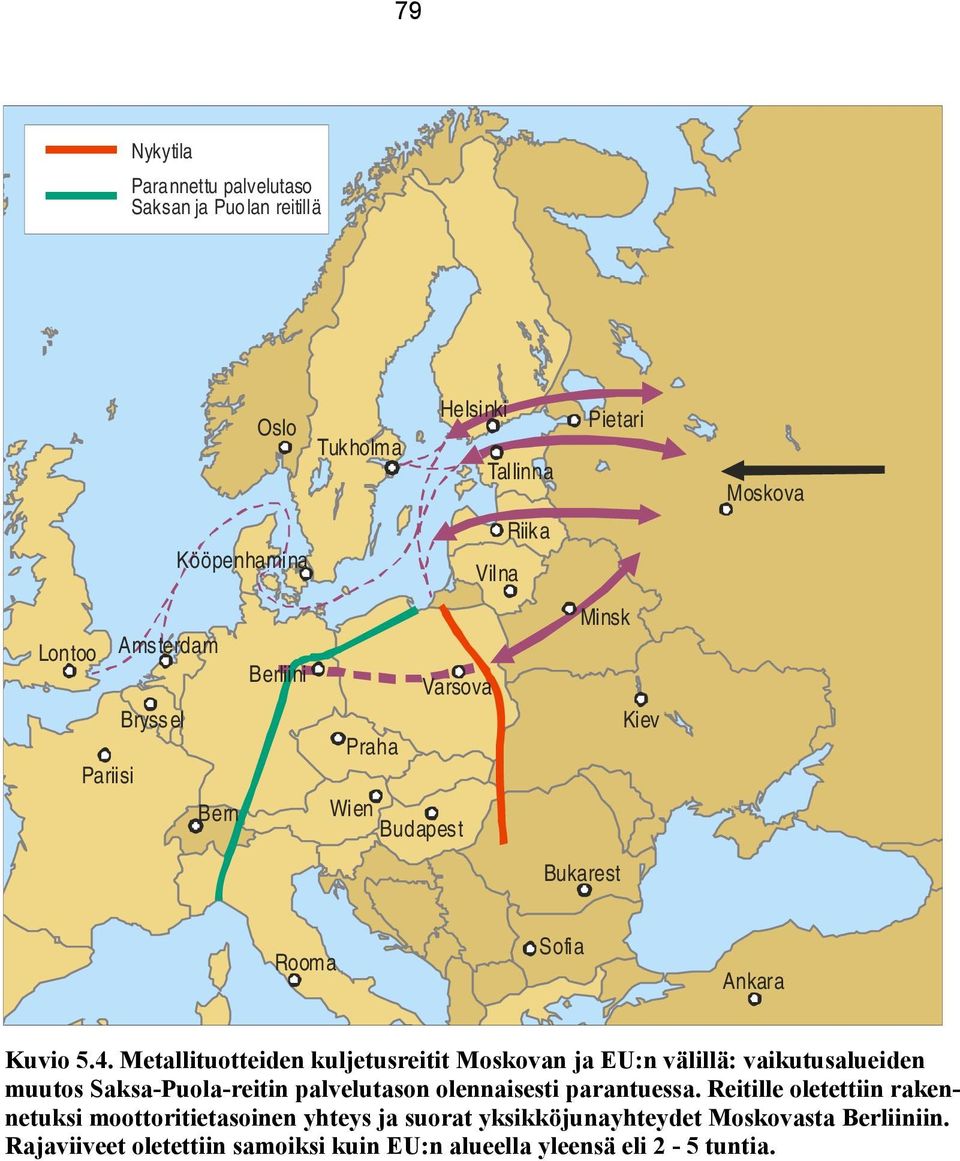 Metallituotteiden kuljetusreitit Moskovan ja EU:n välillä: vaikutusalueiden muutos Saksa-Puola-reitin palvelutason olennaisesti parantuessa.