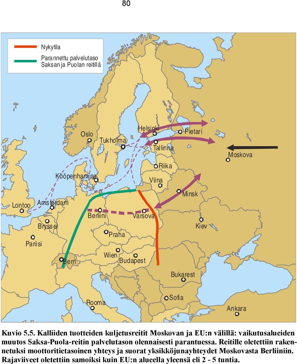 5. Kalliiden tuotteiden kuljetusreitit Moskovan ja EU:n välillä: vaikutusalueiden muutos Saksa-Puola-reitin palvelutason olennaisesti parantuessa.