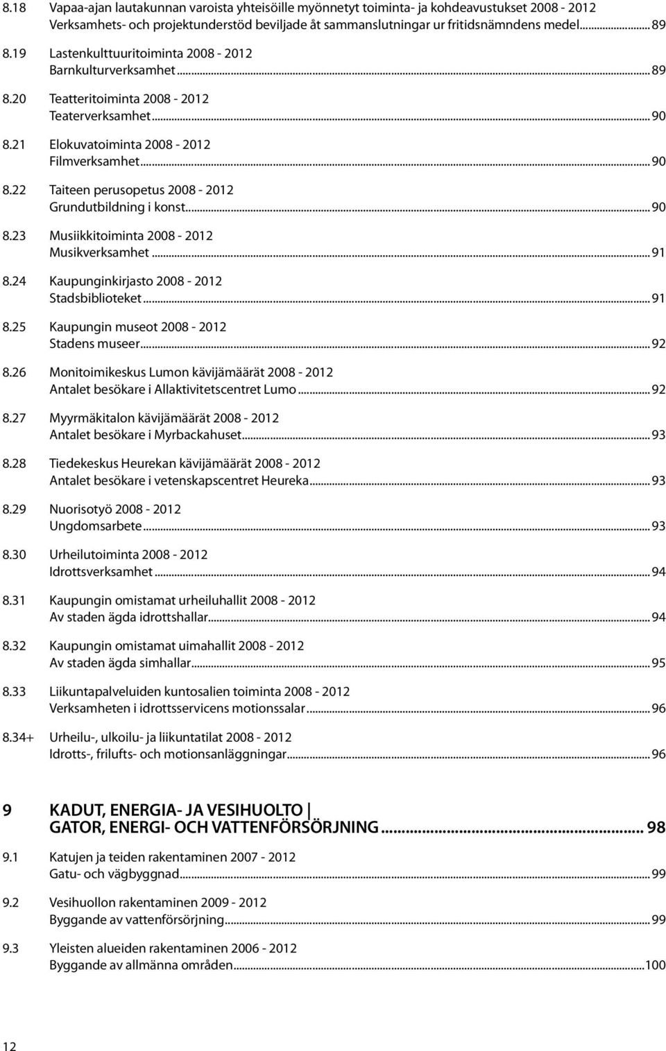 .. 90 8.23 Musiikkitoiminta 2008-2012 Musikverksamhet... 91 8.24 Kaupunginkirjasto 2008-2012 Stadsbiblioteket... 91 8.25 Kaupungin museot 2008-2012 Stadens museer... 92 8.